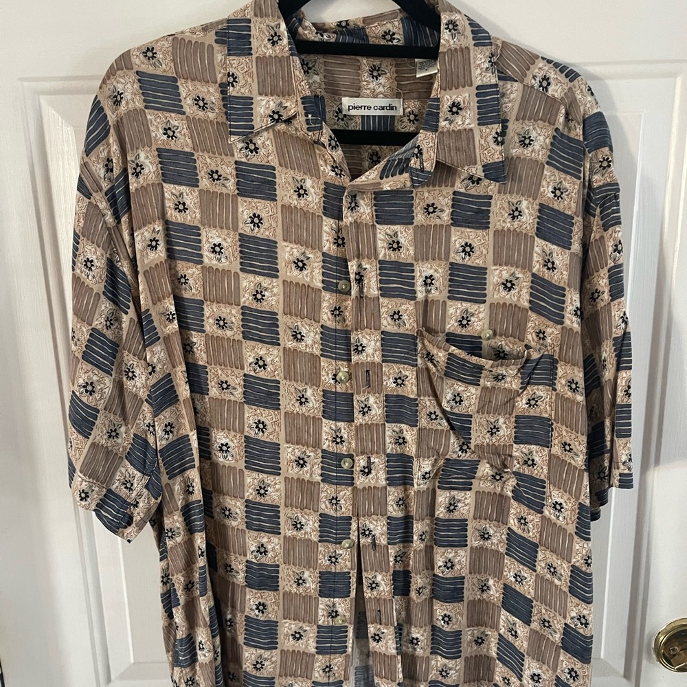 Pierre Cardin Men's Tan and Navy Patterned Shirt